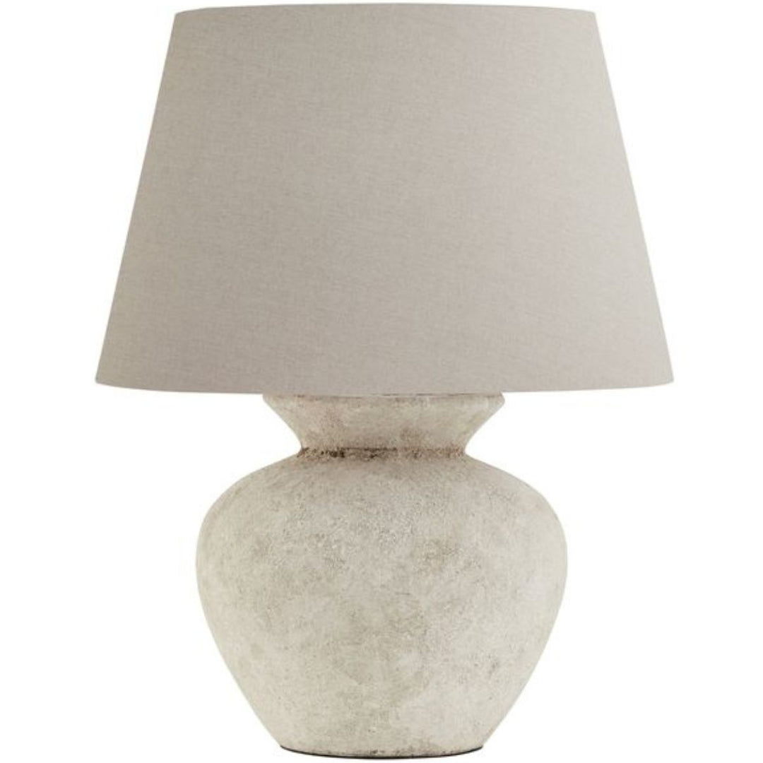 Athena Aged Stone Round Table Lamp With Linen Shade - Sugarplum Boutique