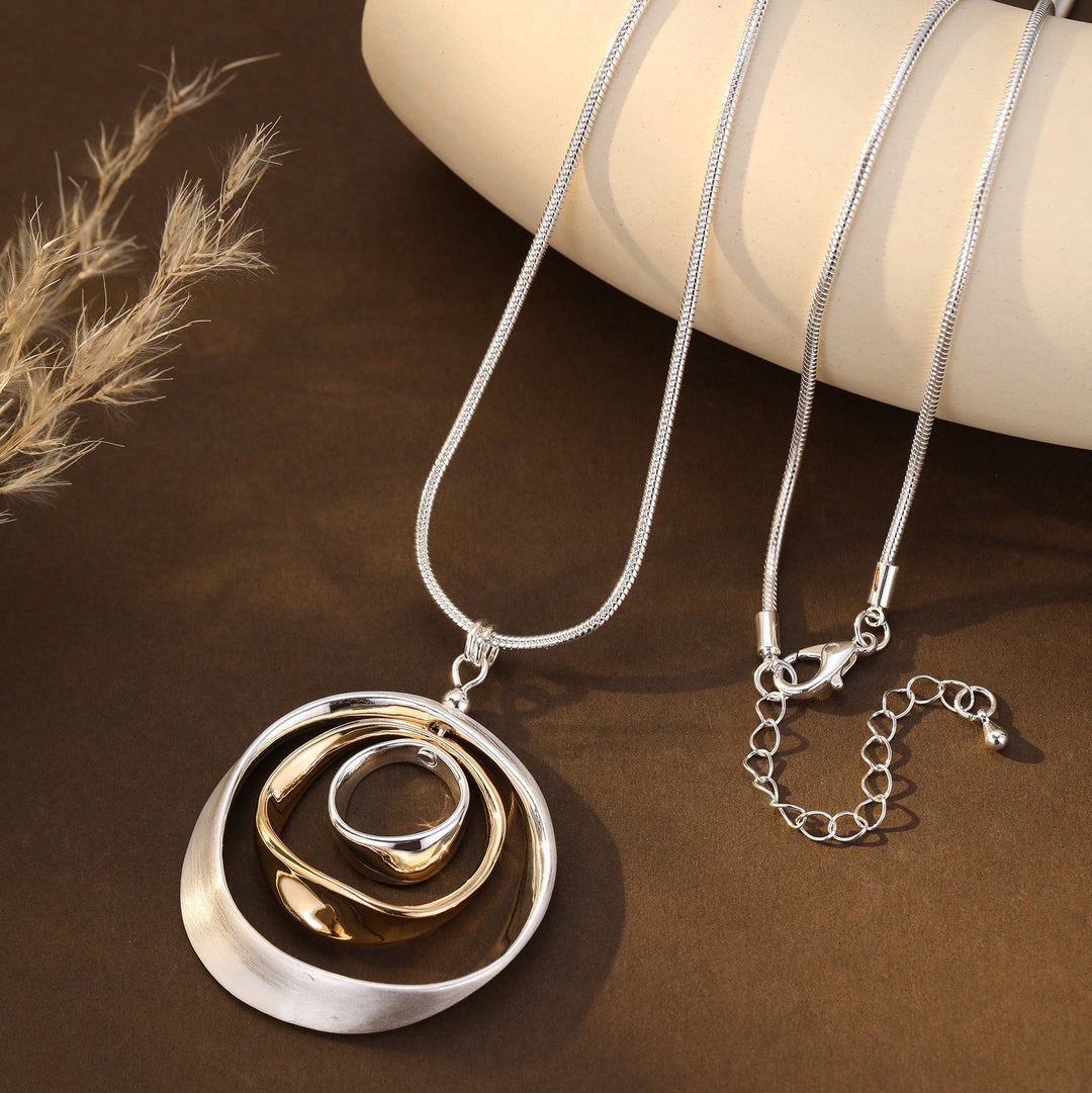 Audrey Brushed Shiny Triple Circle Pendant Silver Gold Long Necklace - Sugarplum Boutique