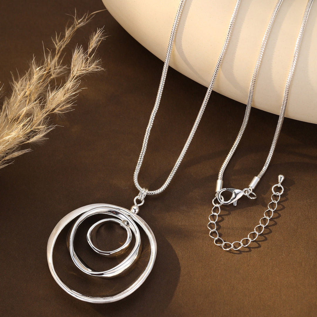 Audrey Brushed Shiny Triple Circle Pendant Silver Long Necklace - Sugarplum Boutique