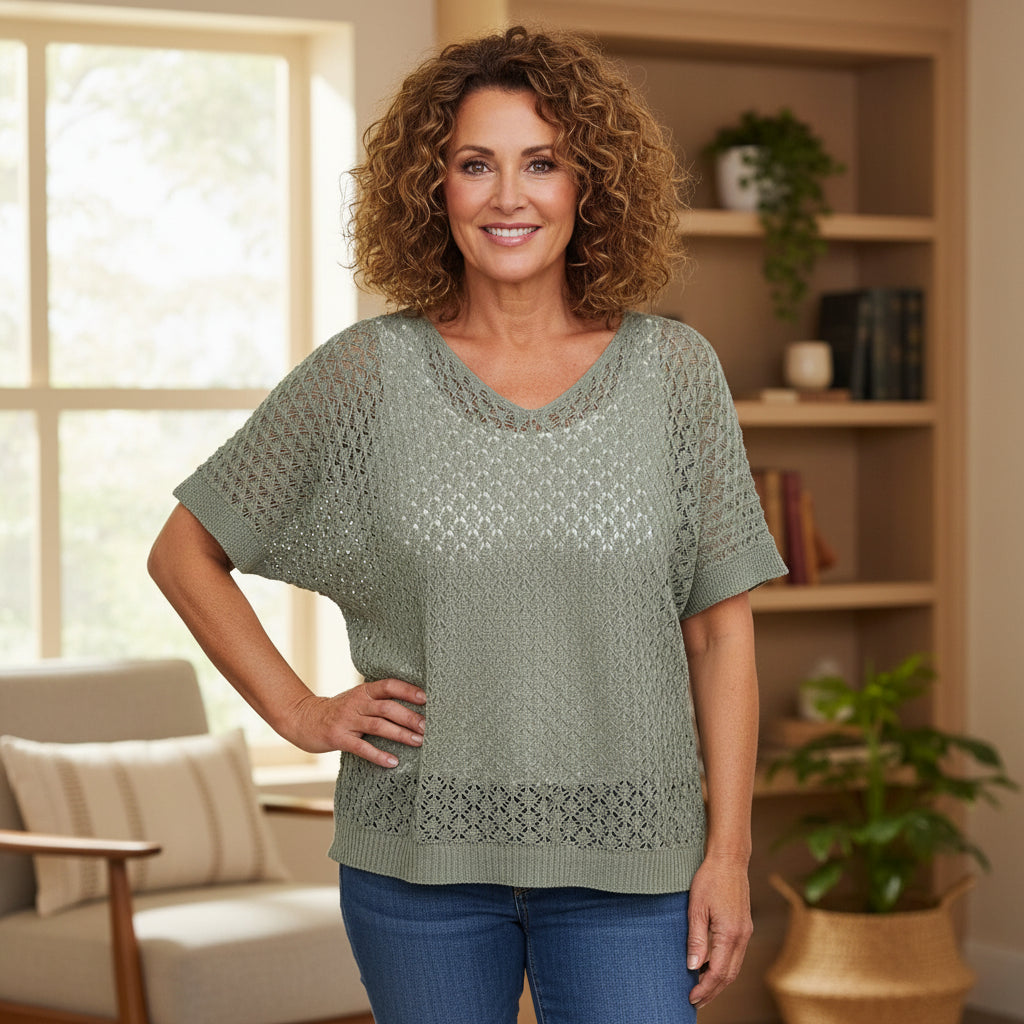 Audrey Khaki Green Open Knit Short Sleeve Cotton Top - Sugarplum Boutique