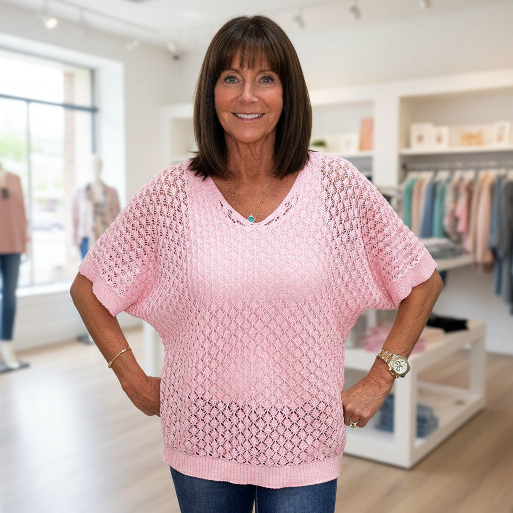 Audrey Pink Open Knit Short Sleeve Cotton Top - Sugarplum Boutique