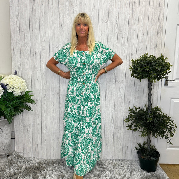 Aurelia Patterned Maxi Dress Emerald Green - Sugarplum Boutique