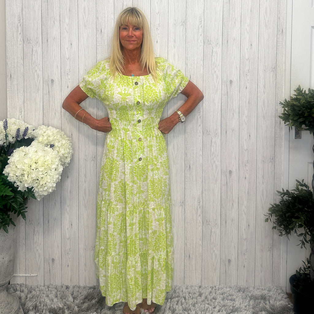 Aurelia Patterned Maxi Dress Lime Green – Sugarplum Boutique & Home