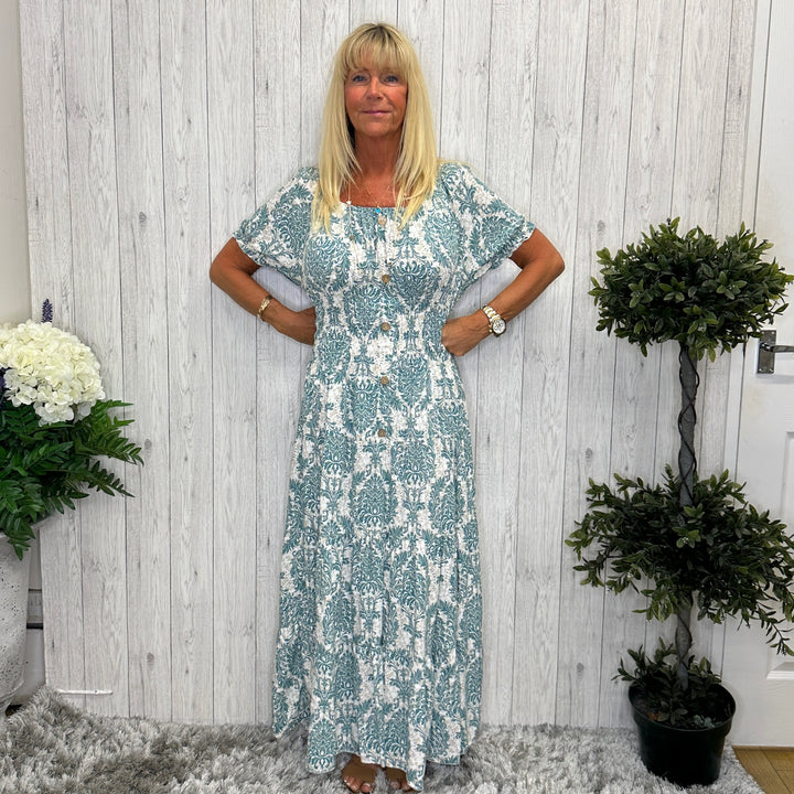 Aurelia Patterned Maxi Dress Sage Green - Sugarplum Boutique