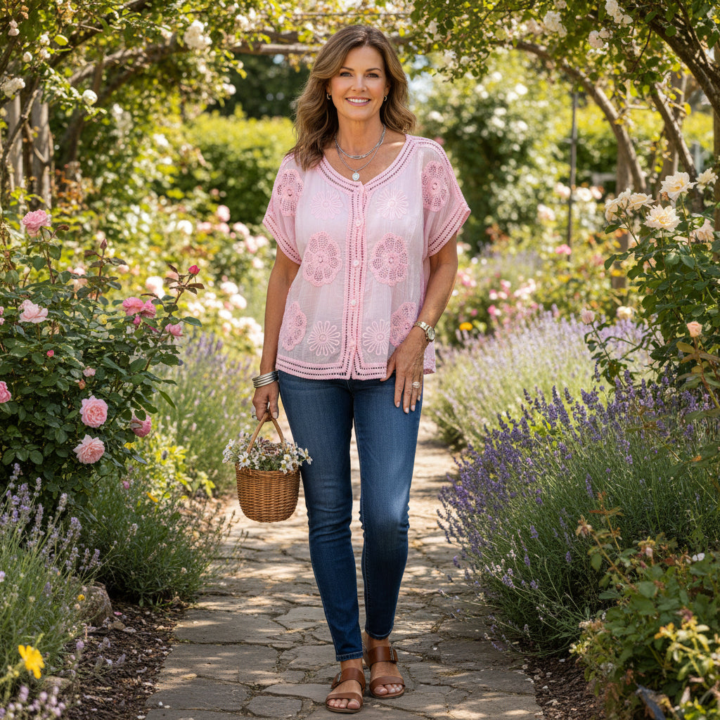Aurora Pink Full Button Cotton Crochet Top - Sugarplum Boutique