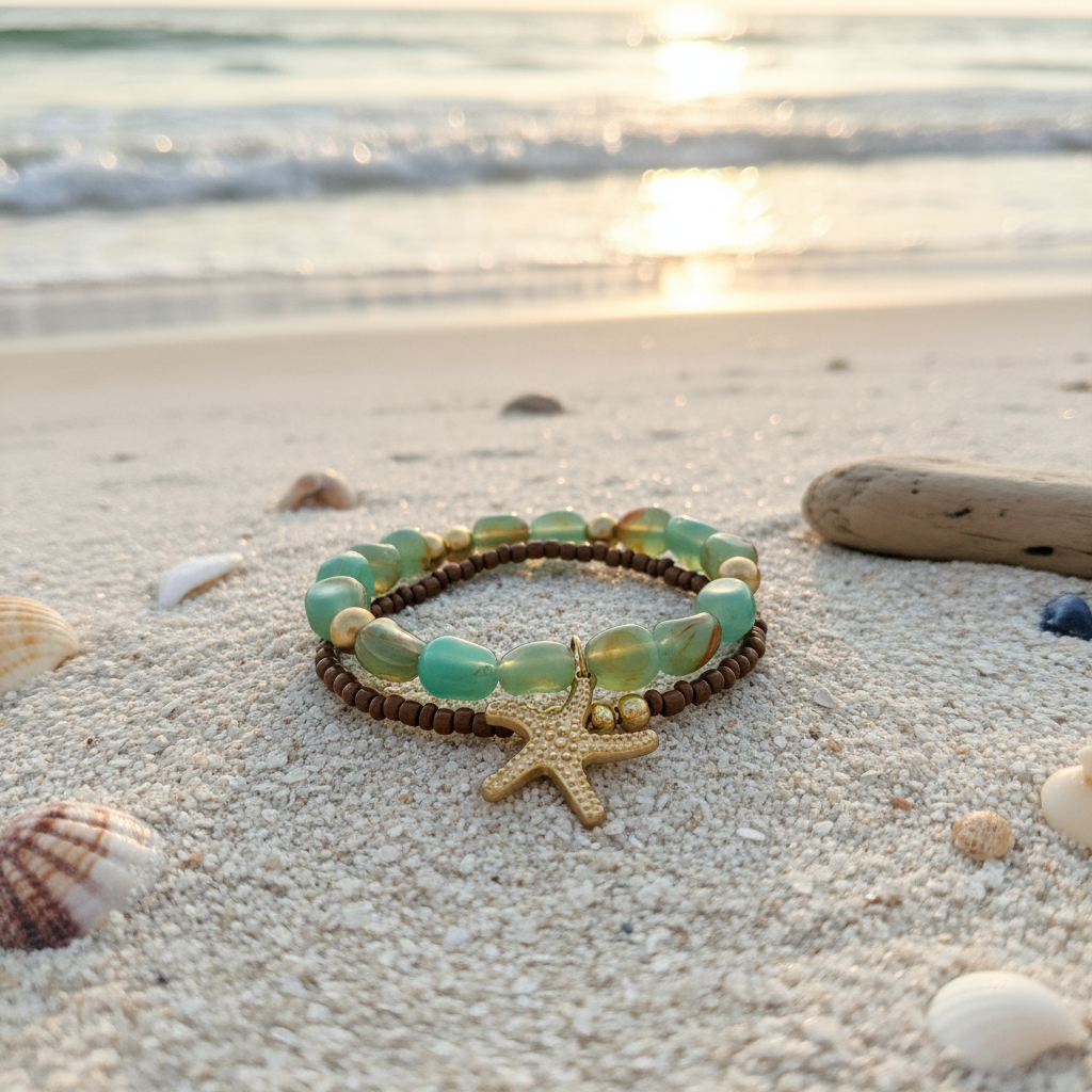 Autumn Starfish Two Strand Sage Green Bracelet - Sugarplum Boutique