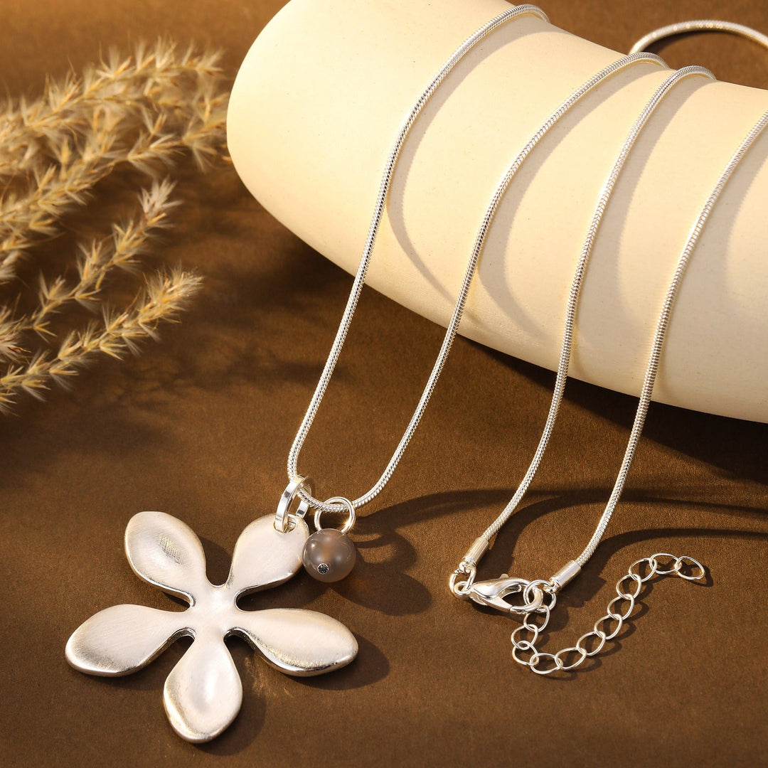Avery Brushed Flower Pendant Silver Long Necklace - Sugarplum Boutique
