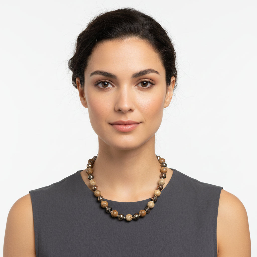 Azure Semi Precious Brown Stone &amp; Facet Bead Short Necklace - Sugarplum Boutique