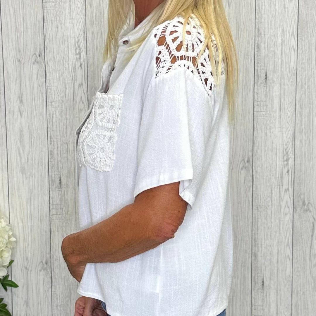 Ossie Linen Mix Crochet Crop Shirt White