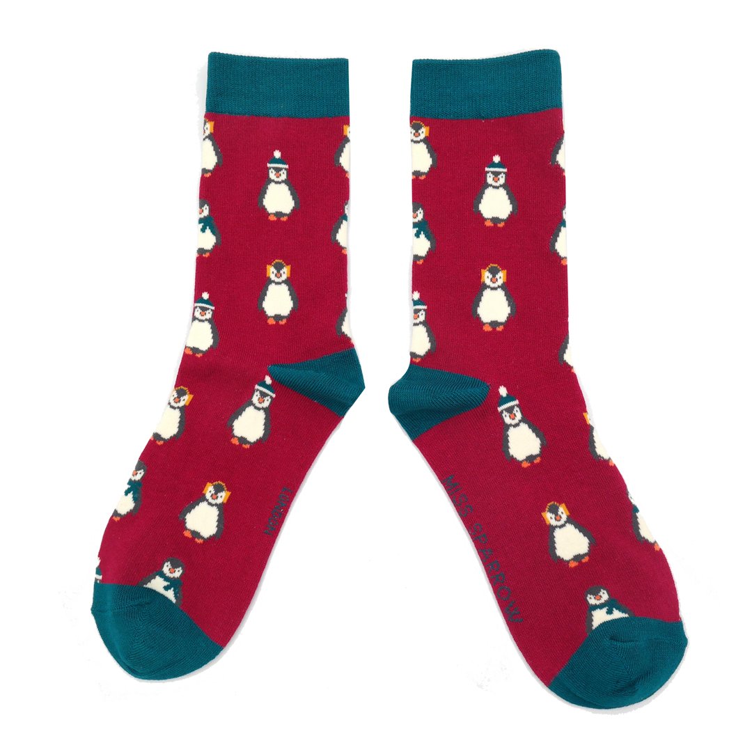 Baby Penguins Ladies Bamboo Socks Wine Red - Sugarplum Boutique