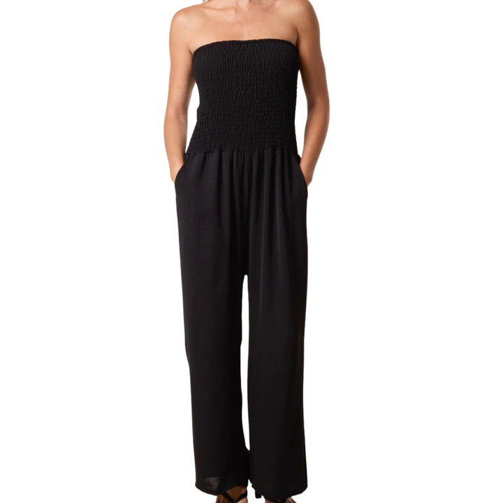 Bandeau Shirred Wide Leg Black Jumpsuit -  Sugarplum Boutique