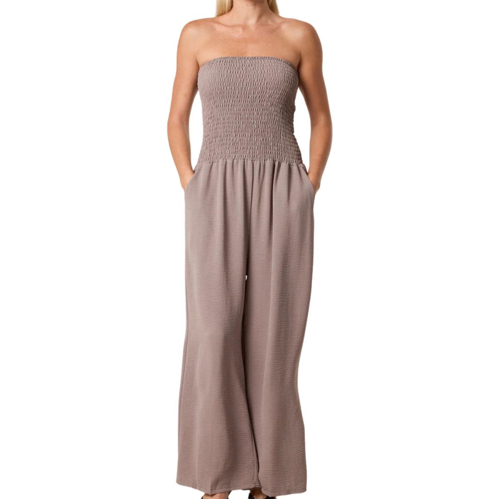 Bandeau Shirred Wide Leg Mocha Brown Jumpsuit - Sugarplum Boutique