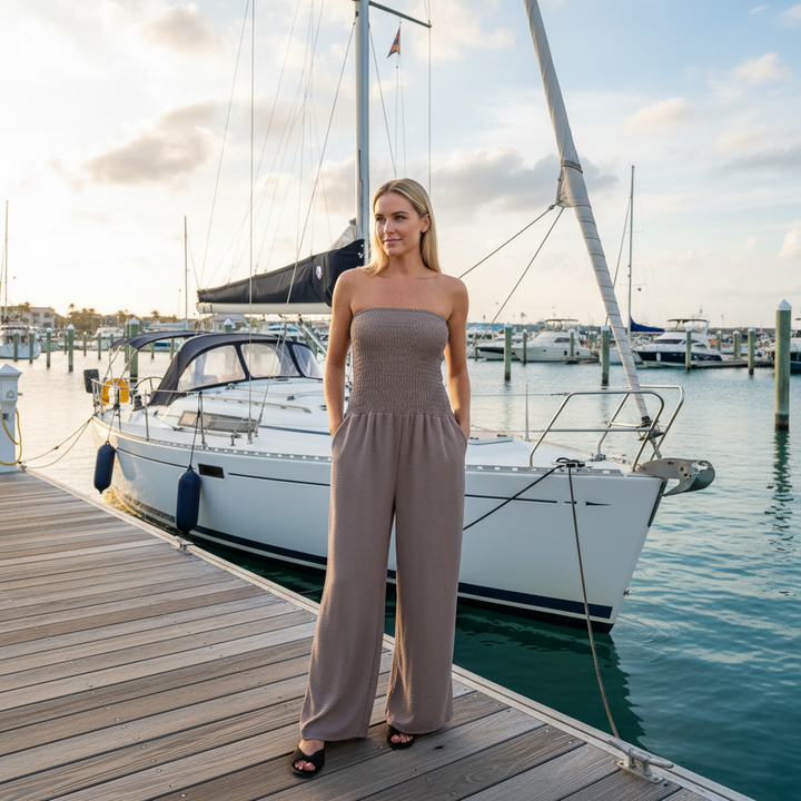 Bandeau Shirred Wide Leg Mocha Brown Jumpsuit - Sugarplum Boutique