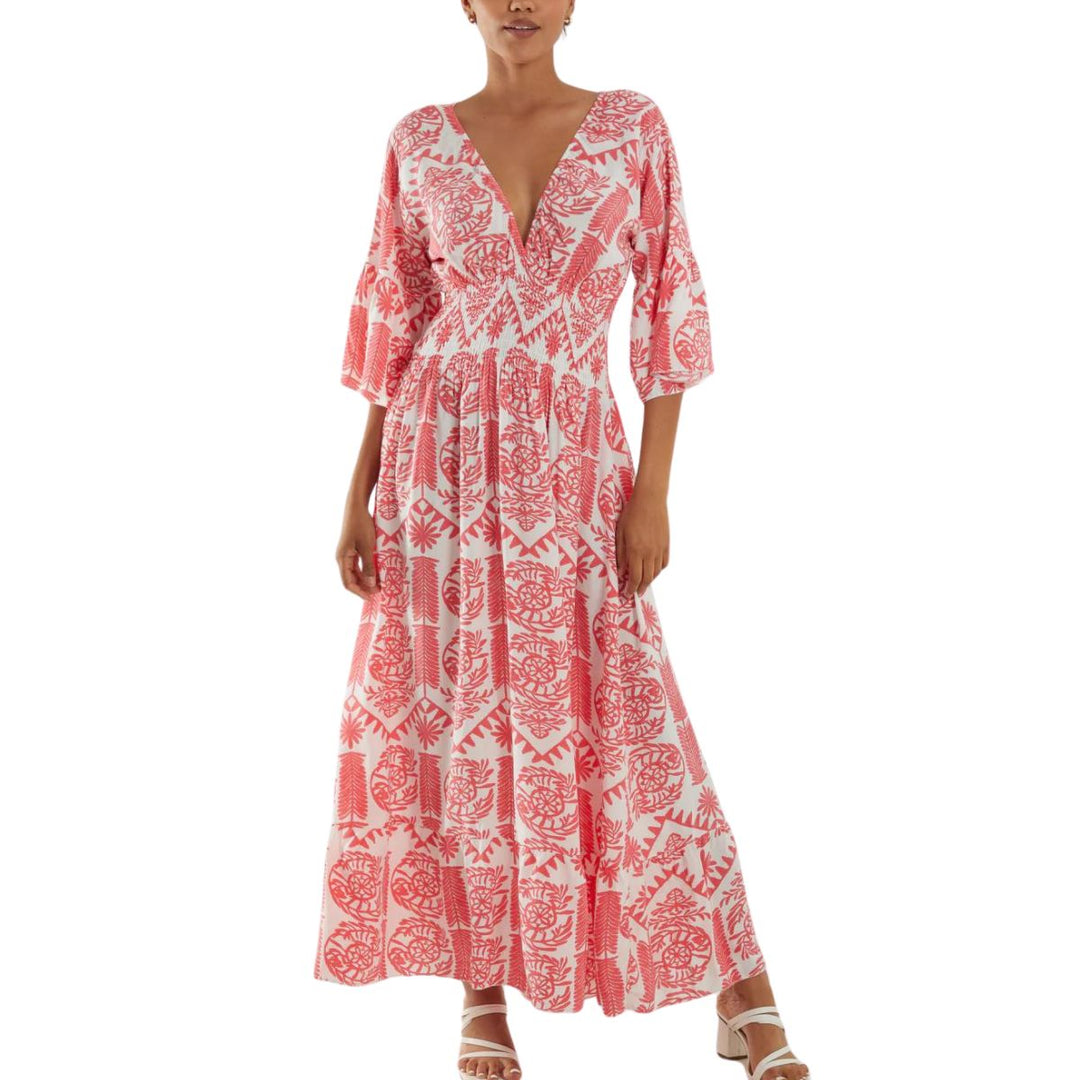 Baroque Floral Shirred Maxi Dress Coral - Sugarplum Boutique