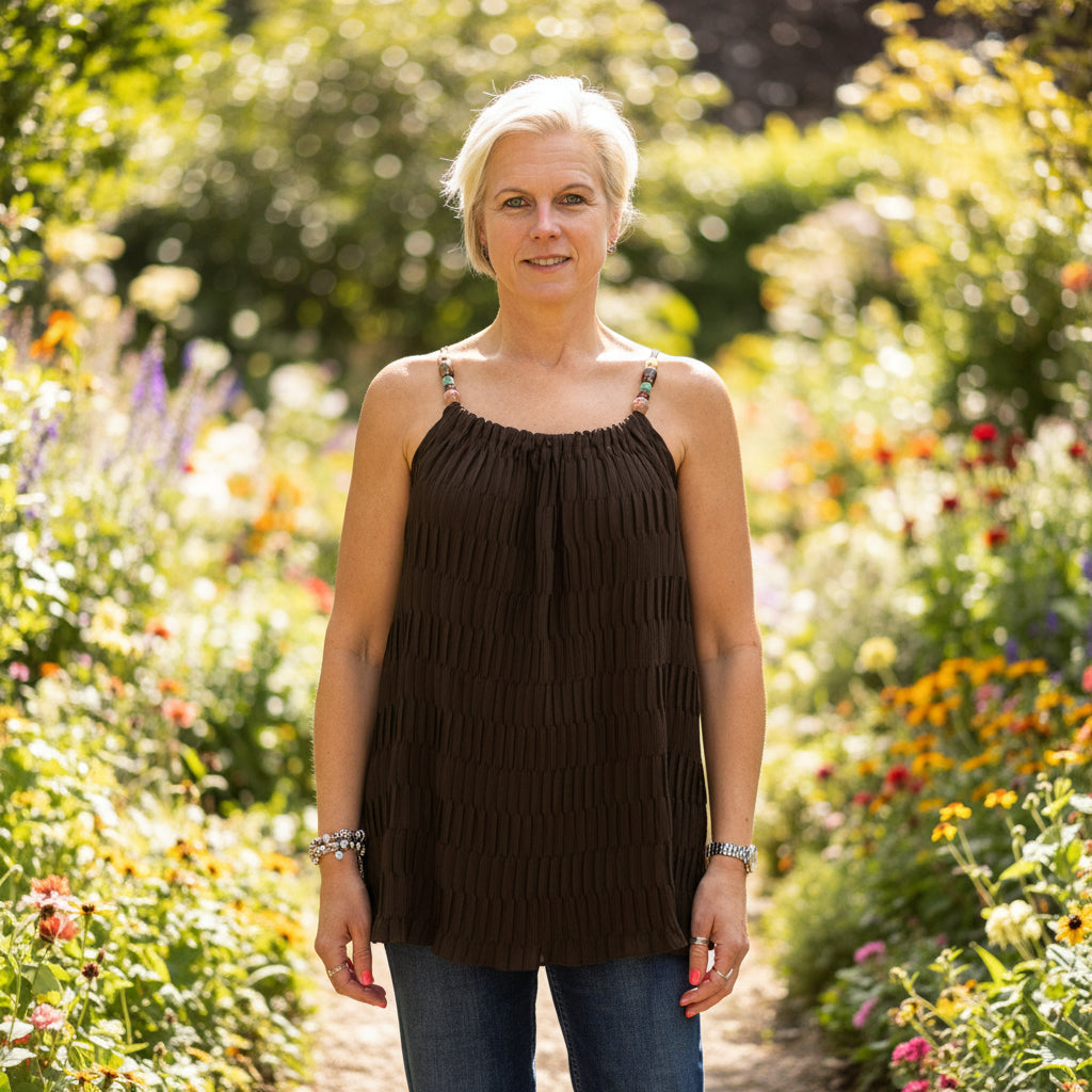 Beau Beaded Strap Chocolate Brown Pleated Vest Top - Sugarplum Boutique
