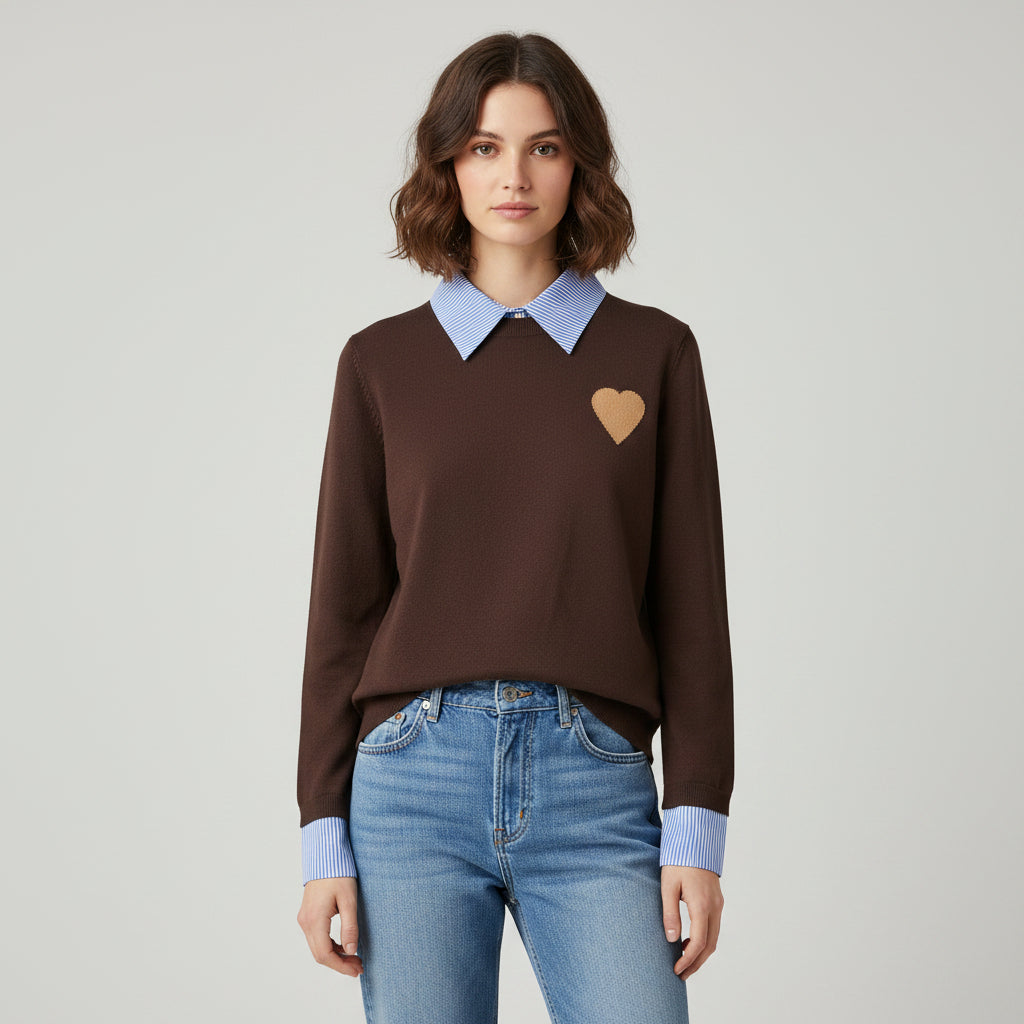 Beeston Striped Shirt Collar Chocolate Brown Fine Knit Jumper - Sugarplum Boutique