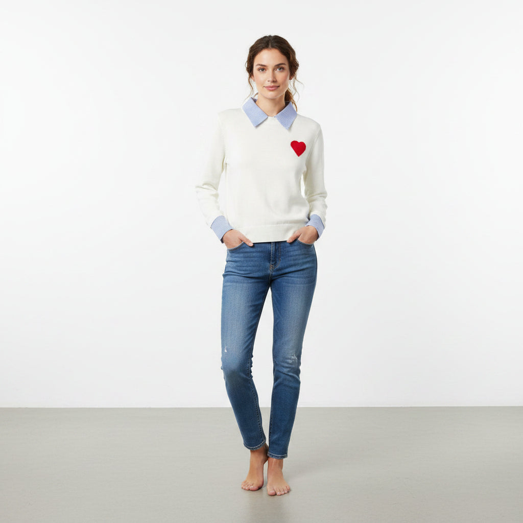 Beeston Striped Shirt Collar Cream Fine Knit Jumper - Sugarplum Boutique