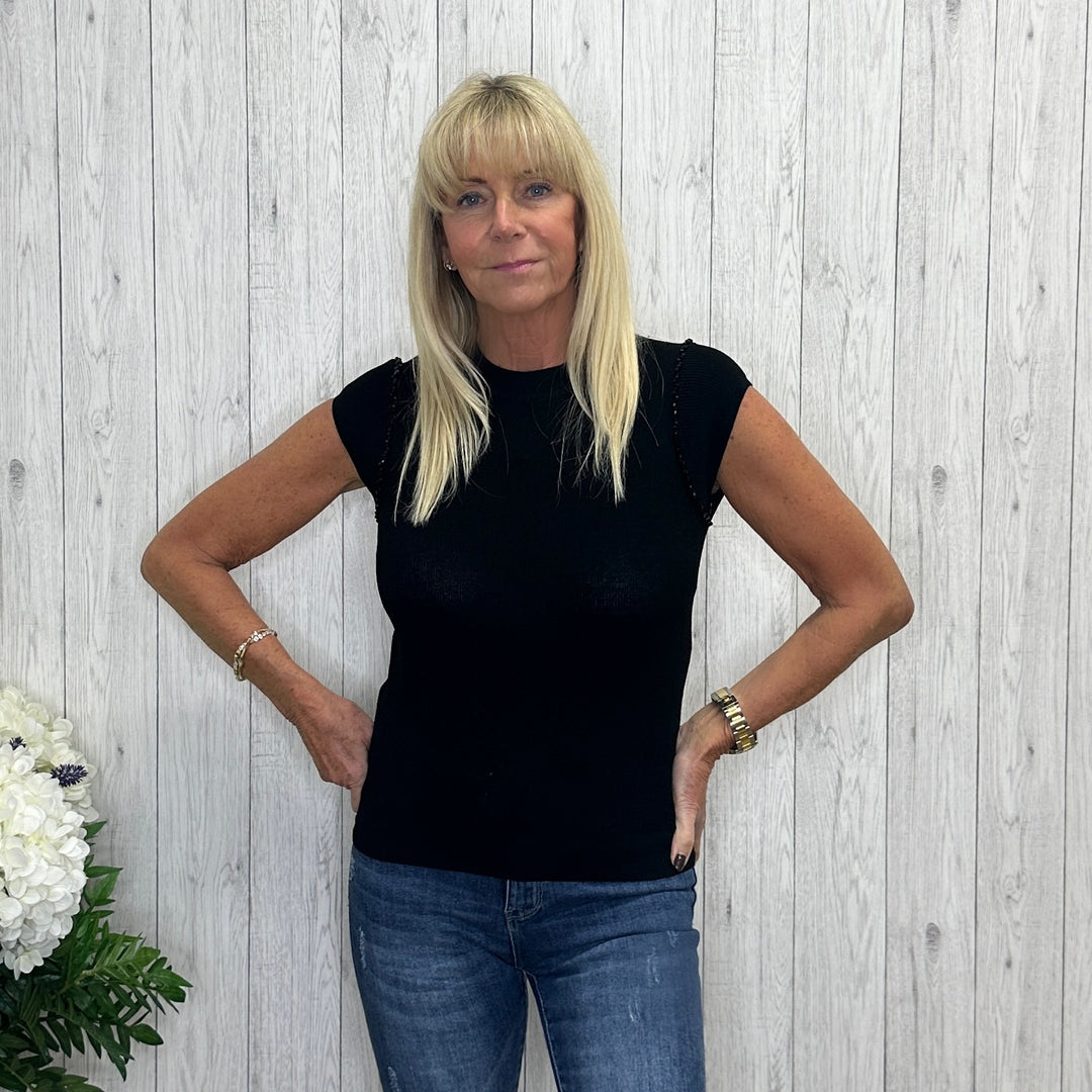 Bella Black Cap Sleeve Embellished Top - Sugarplum Boutique