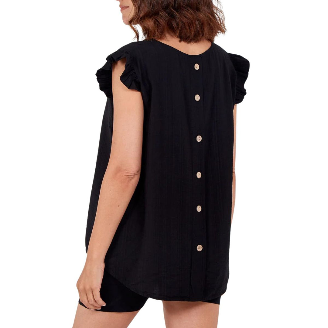 Bella Button Back Frill Cap Sleeve Top Black -Sugarplum Boutique