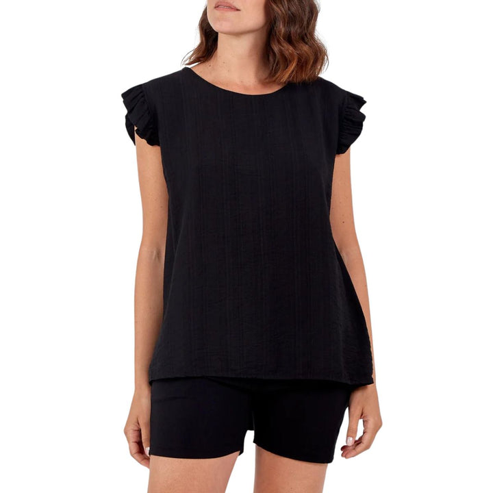 Bella Button Back Frill Cap Sleeve Top Black -Sugarplum Boutique