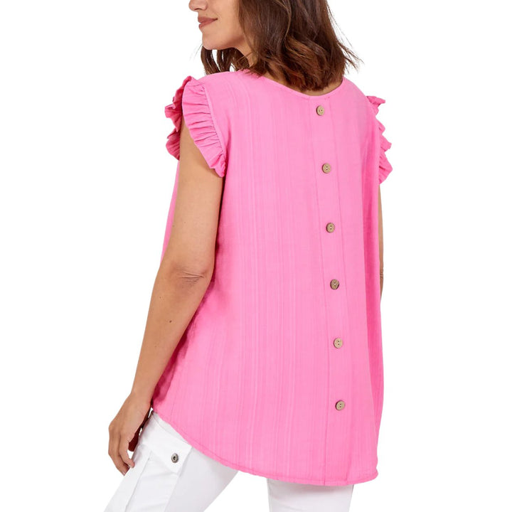 Bella Button Back Frill Cap Sleeve Top Bubblegum Pink - Sugarplum Boutique 