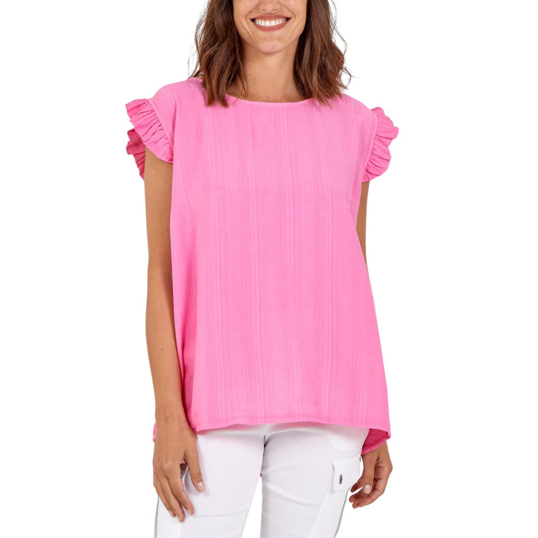 Bella Button Back Frill Cap Sleeve Top Bubblegum Pink - Sugarplum Boutique 