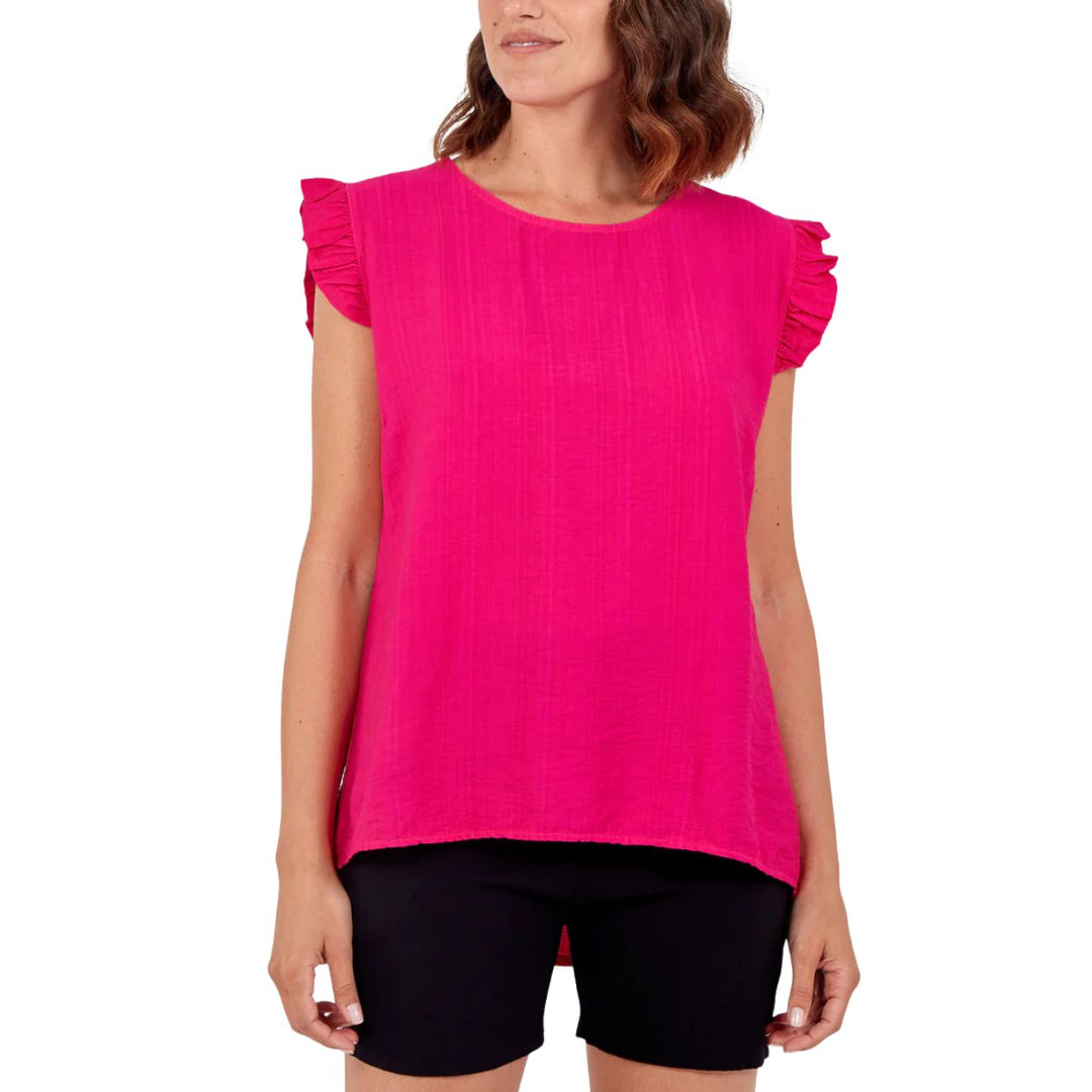 Bella Button Back Frill Cap Sleeve Top Cerise Pink - Sugarplum Boutique
