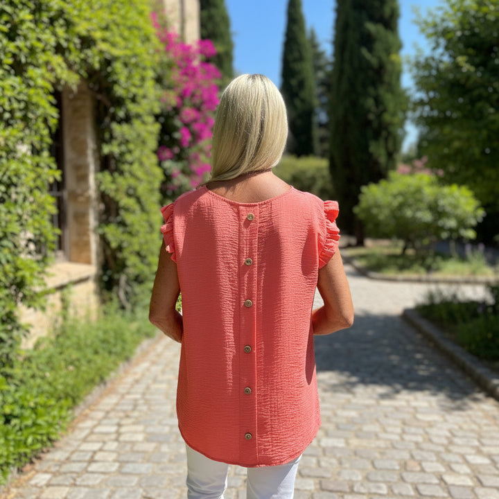 Bella Button Back Frill Cap Sleeve Top Coral - Sugarplum Boutique 