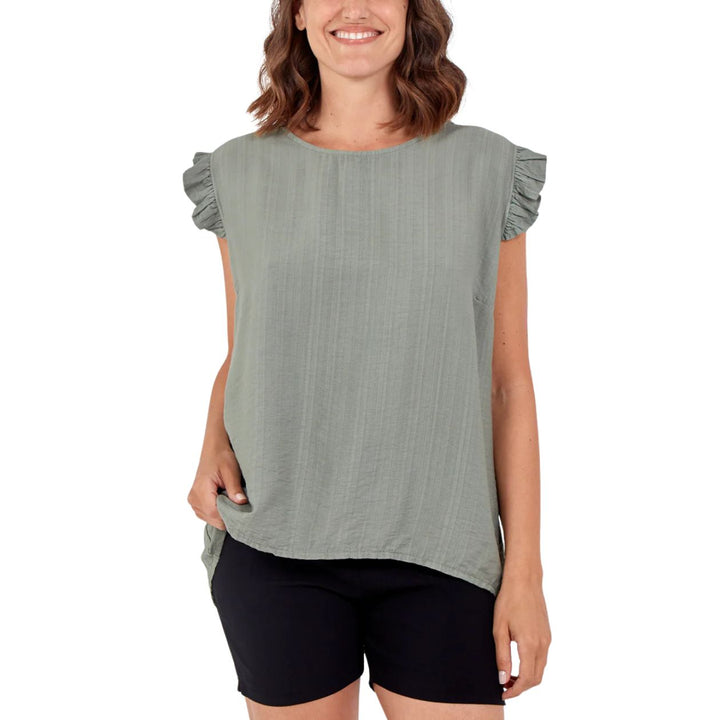Bella Button Back Frill Cap Sleeve Top Khaki Green - Sugarplum Boutique