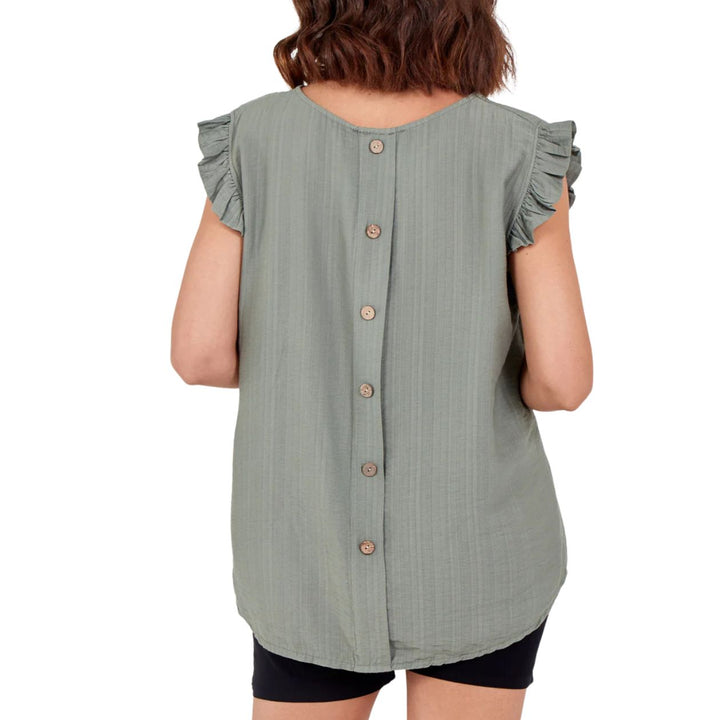 Bella Button Back Frill Cap Sleeve Top Khaki Green - Sugarplum Boutique