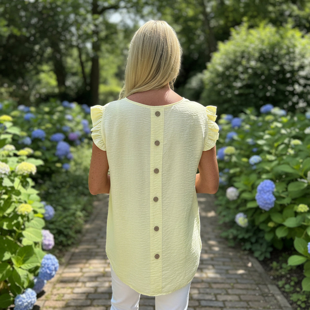 Bella Button Back Frill Cap Sleeve Top Lemon Yellow - Sugarplum Boutique 
