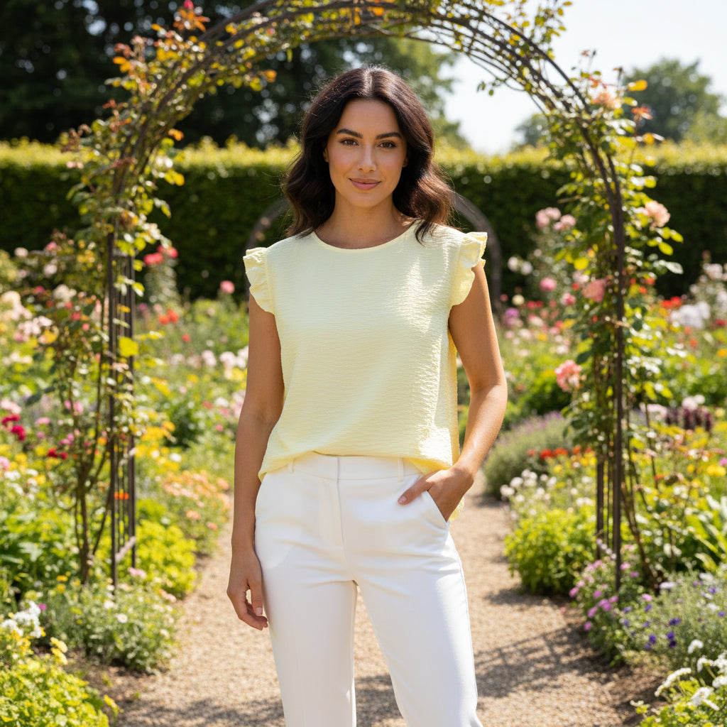Bella Button Back Frill Cap Sleeve Top Lemon Yellow - Sugarplum Boutique 