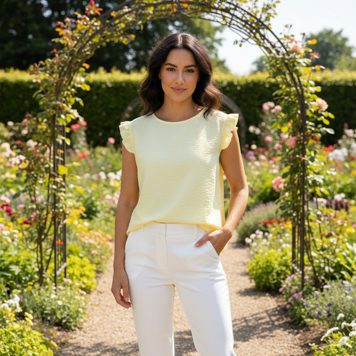 Bella Button Back Frill Cap Sleeve Top Lemon Yellow - Sugarplum Boutique 