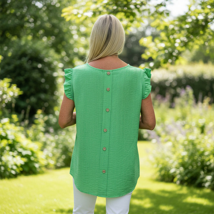 Bella Button Back Frill Cap Sleeve Top Lime-Green - Sugarplum Boutique 
