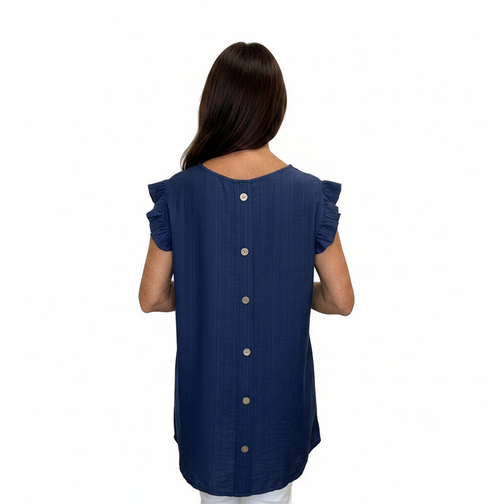 Bella Button Back Frill Cap Sleeve Top Navy Blue - Sugarplum Boutique