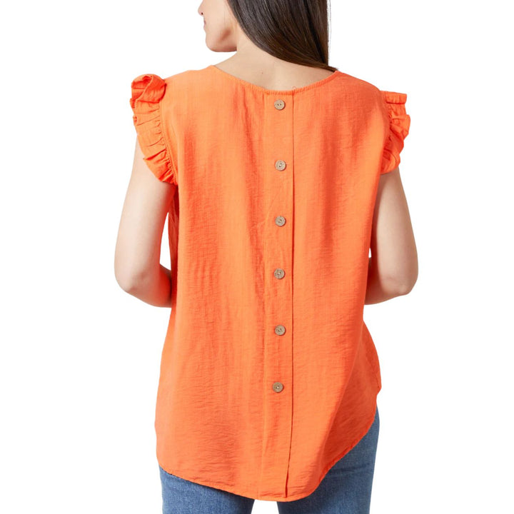 Bella Button Back Frill Cap Sleeve Top Orange - Sugarplum Boutique