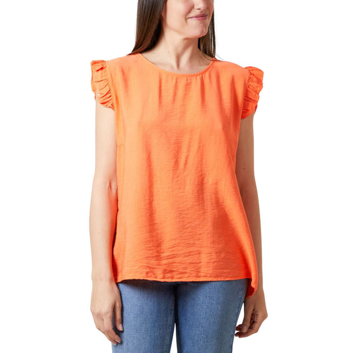 Bella Button Back Frill Cap Sleeve Top Orange - Sugarplum Boutique