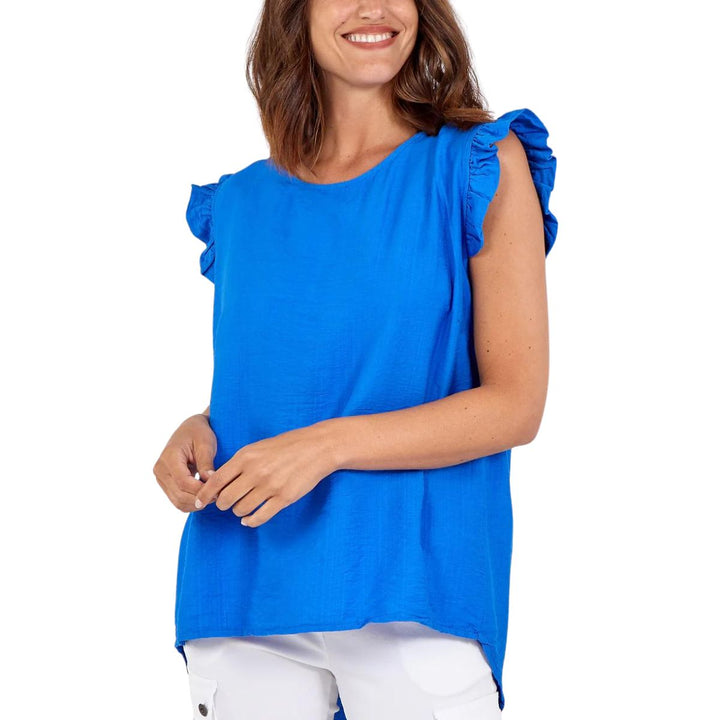 Bella Button Back Frill Cap Sleeve Top Royal Blue - Sugarplum Boutique