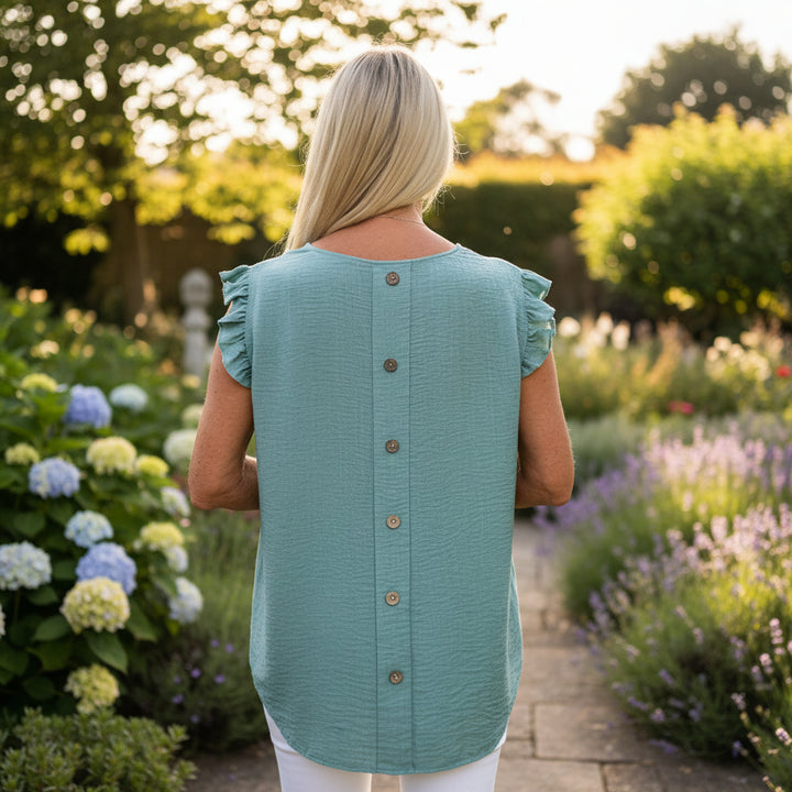 Bella Button Back Frill Cap Sleeve Top Sage Green - Sugarplum Boutique