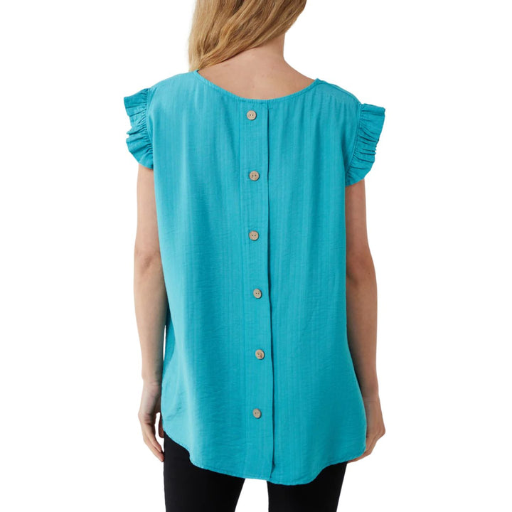 Bella Button Back Frill Cap Sleeve Top Teal Green - Sugarplum Boutique