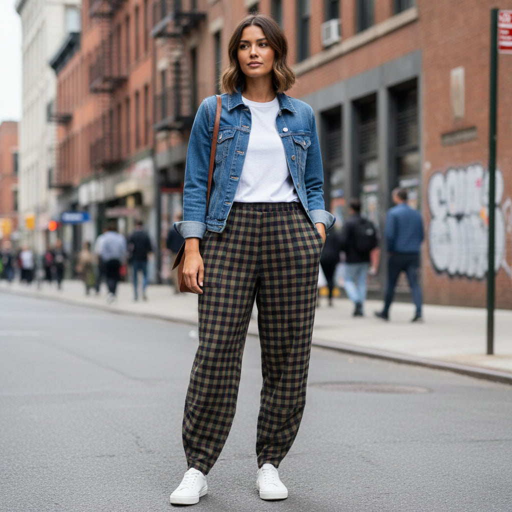Bertie Khaki Green Check Barrel Leg Cotton Mix Trousers - Sugarplum Boutique
