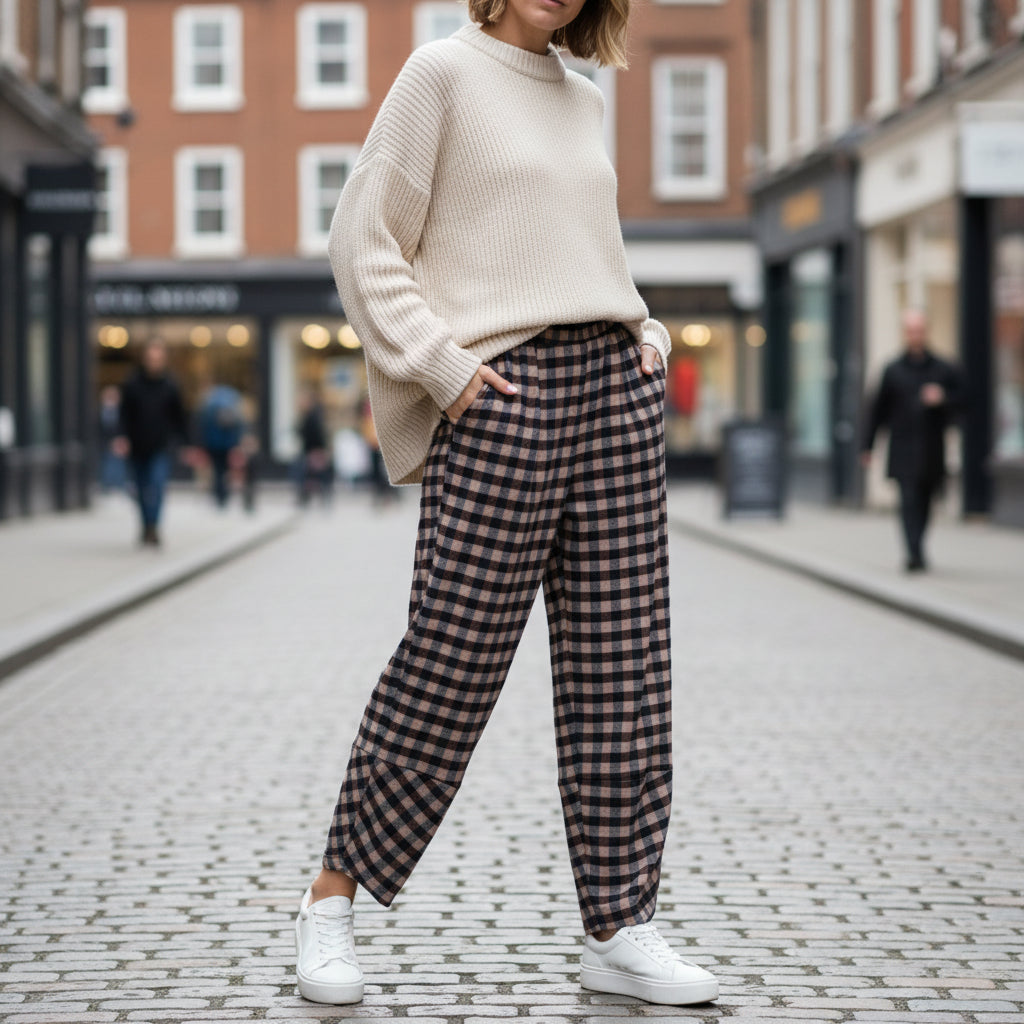 Bertie Mocha Brown Check Barrel Leg Cotton Mix Trousers - Sugarplum Boutique
