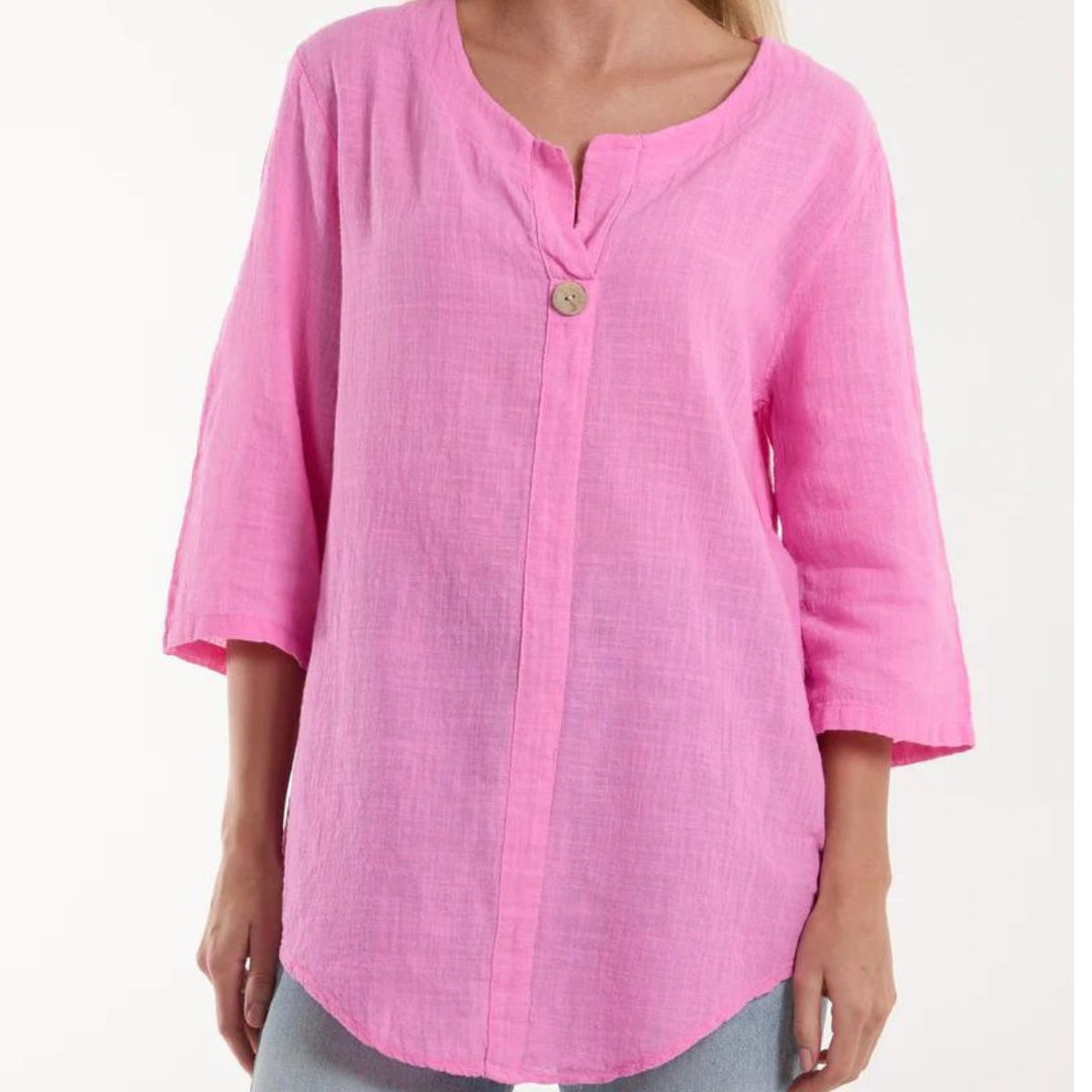 Betina Cotton Button Top Bubblegum Pink - Sugarplum Boutique