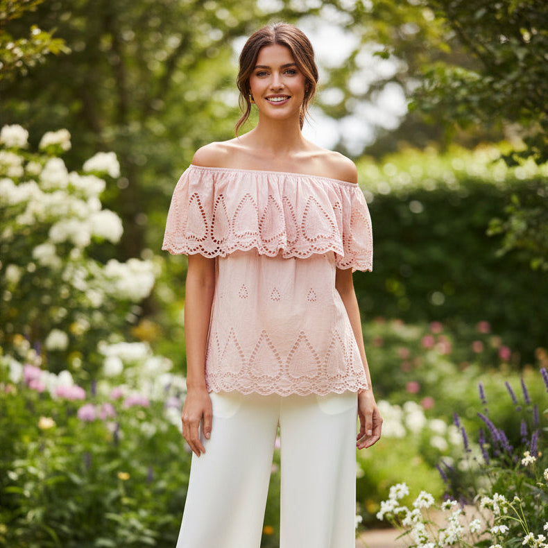 Billie Cotton Vintage Pink Embroidered Bardot Top - Sugarplum Boutique