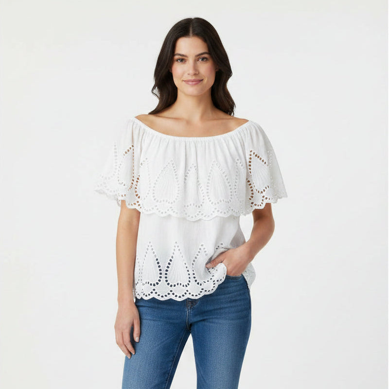 Billie Cotton White Embroidered Bardot Top - Sugarplum Boutique