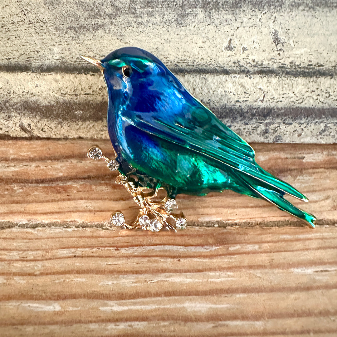 Bird On Branch Brooch Blue - Sugarplum Boutique