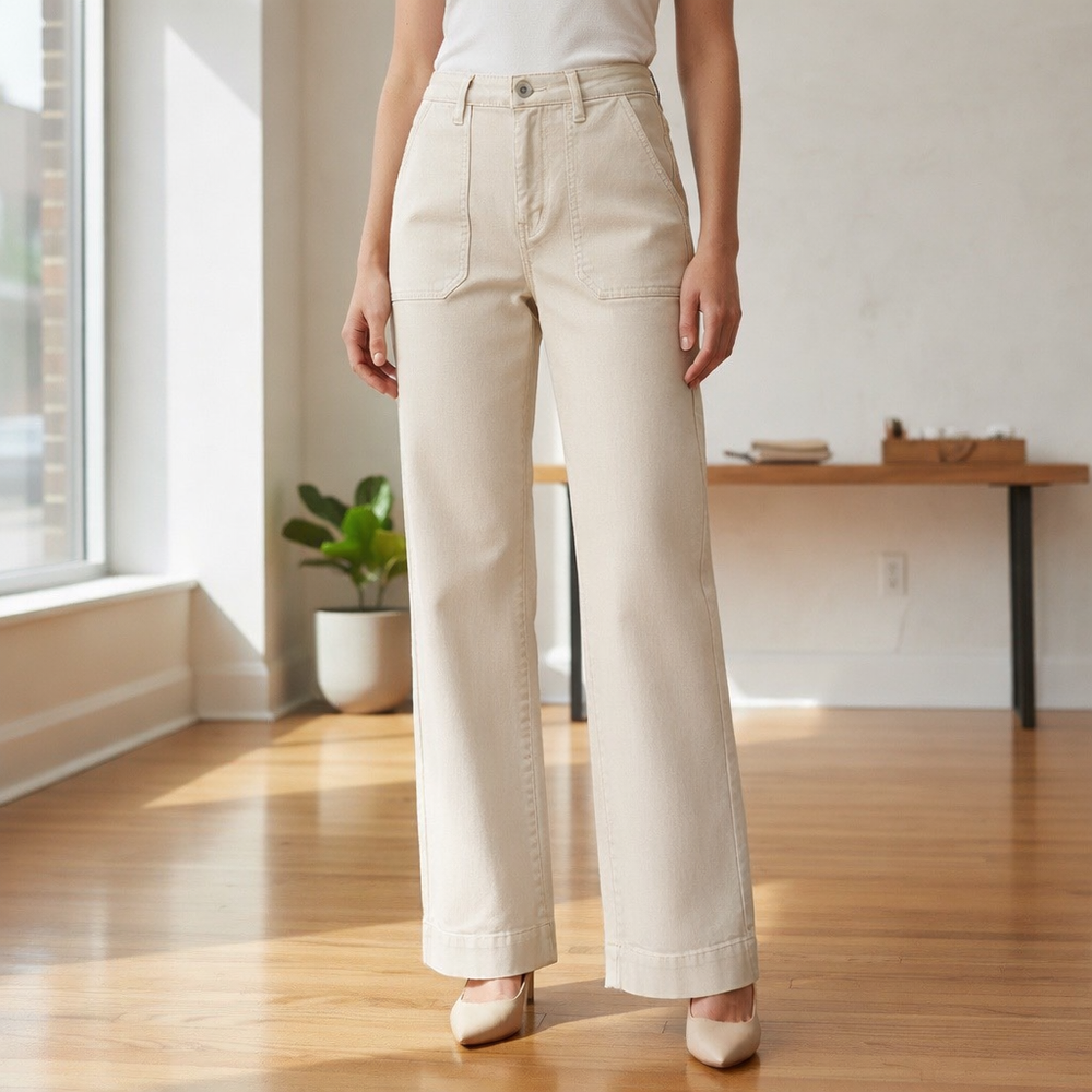 Bobby Cream Wide Leg Cotton Jeans - Sugarplum Boutique