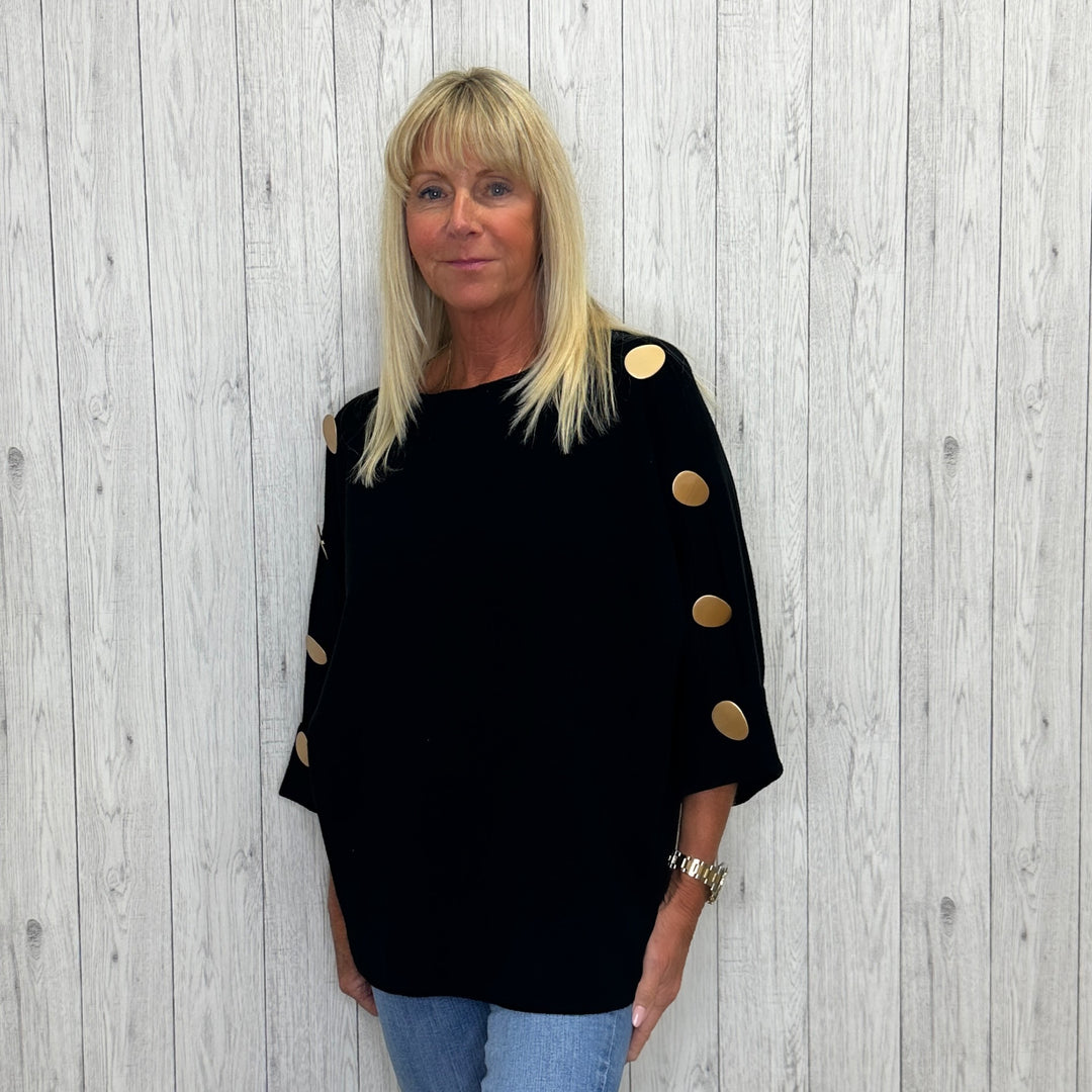 Bonnie Bronze Button 3/4 Sleeve Jumper Black - Sugarplum Boutique