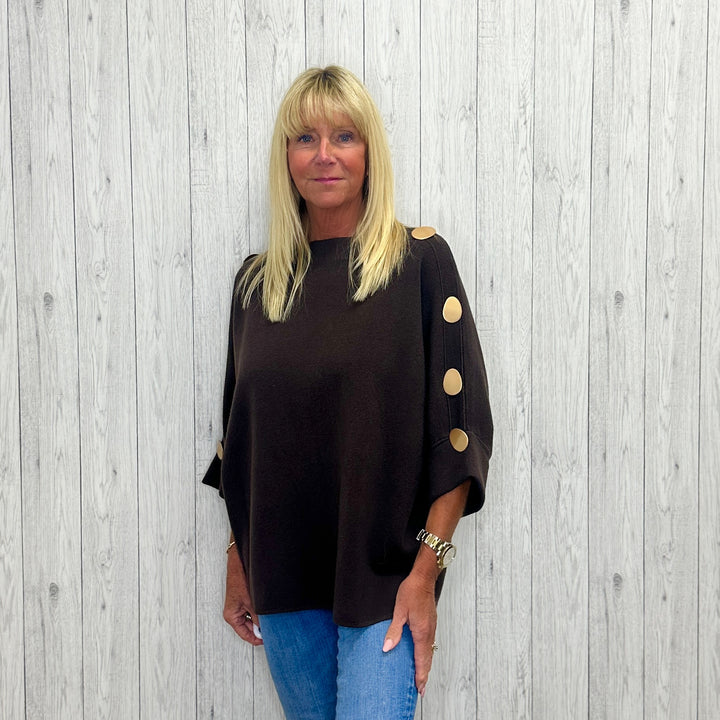 Bonnie Bronze Button 3/4 Sleeve Jumper Chocolate Brown - Sugarplum Boutique