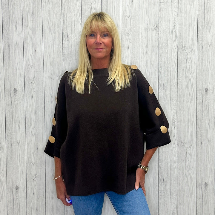 Bonnie Bronze Button 3/4 Sleeve Jumper Chocolate Brown - Sugarplum Boutique